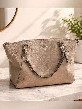Coach Small Kelsey Metallic Pebbled Leather Tote Satchel Champagne Gold Beige